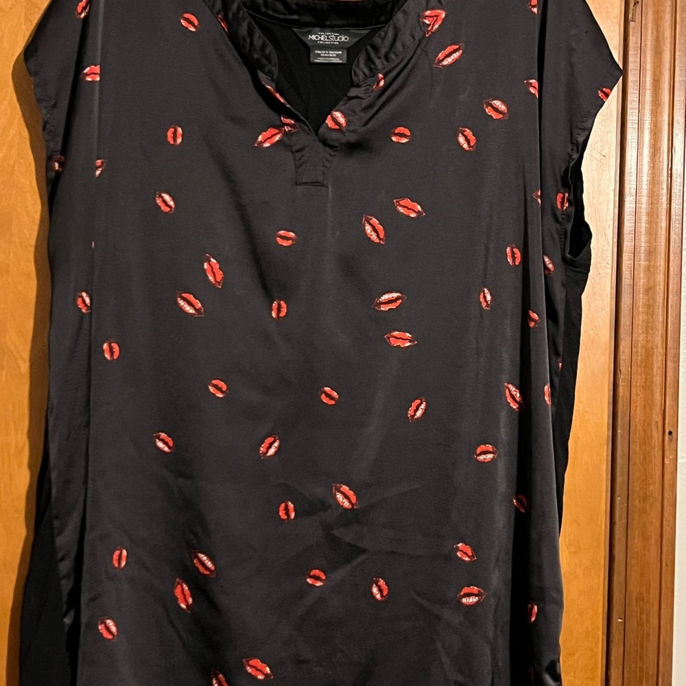 Michel Studio Black Blouse with Red Lip Pattern